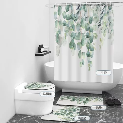 Juego De Cortina Para Ducha, Alfombra Y Tapa De Inodoro Set4