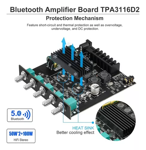Amplificador Bluetooth Hifi 2x50w+100w 12-24v Agudos Graves
